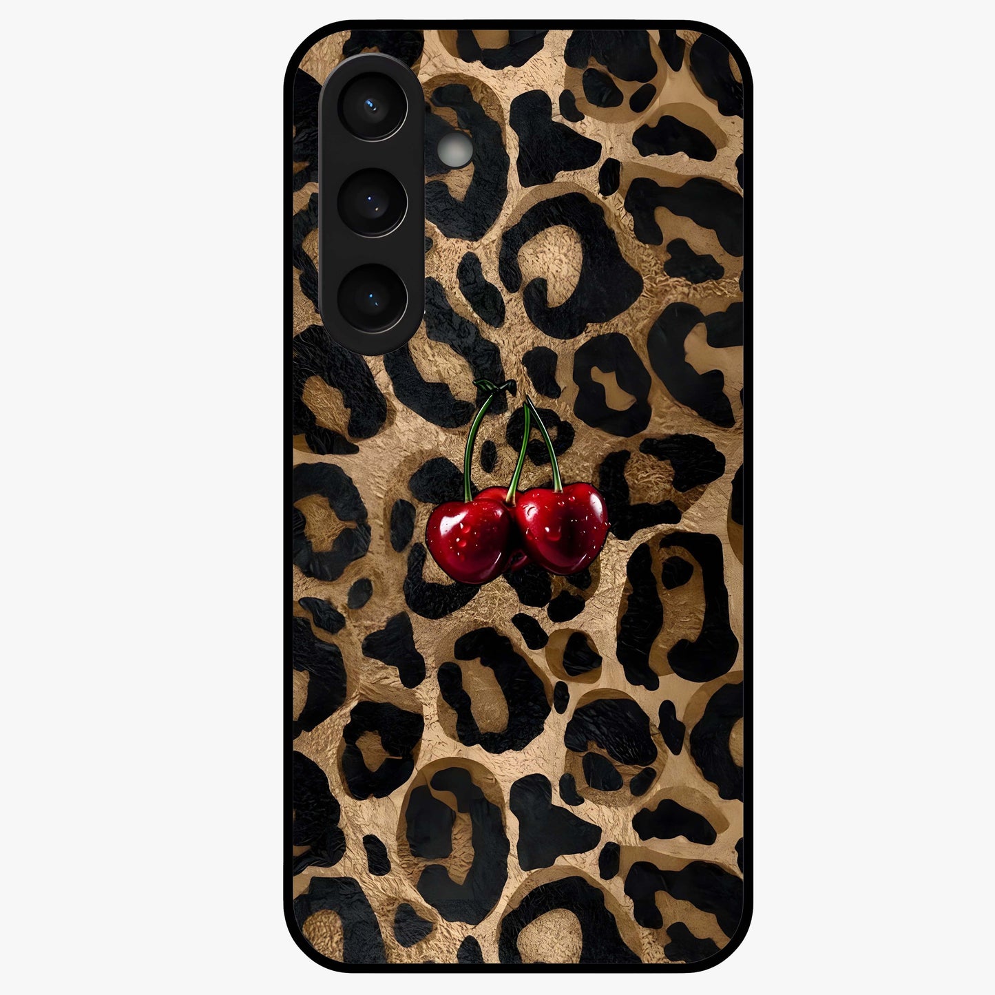 Leopard Wild Cherry Glass Case showing flat back view with leopard pattern and cherry artwork and glossy glass finish.