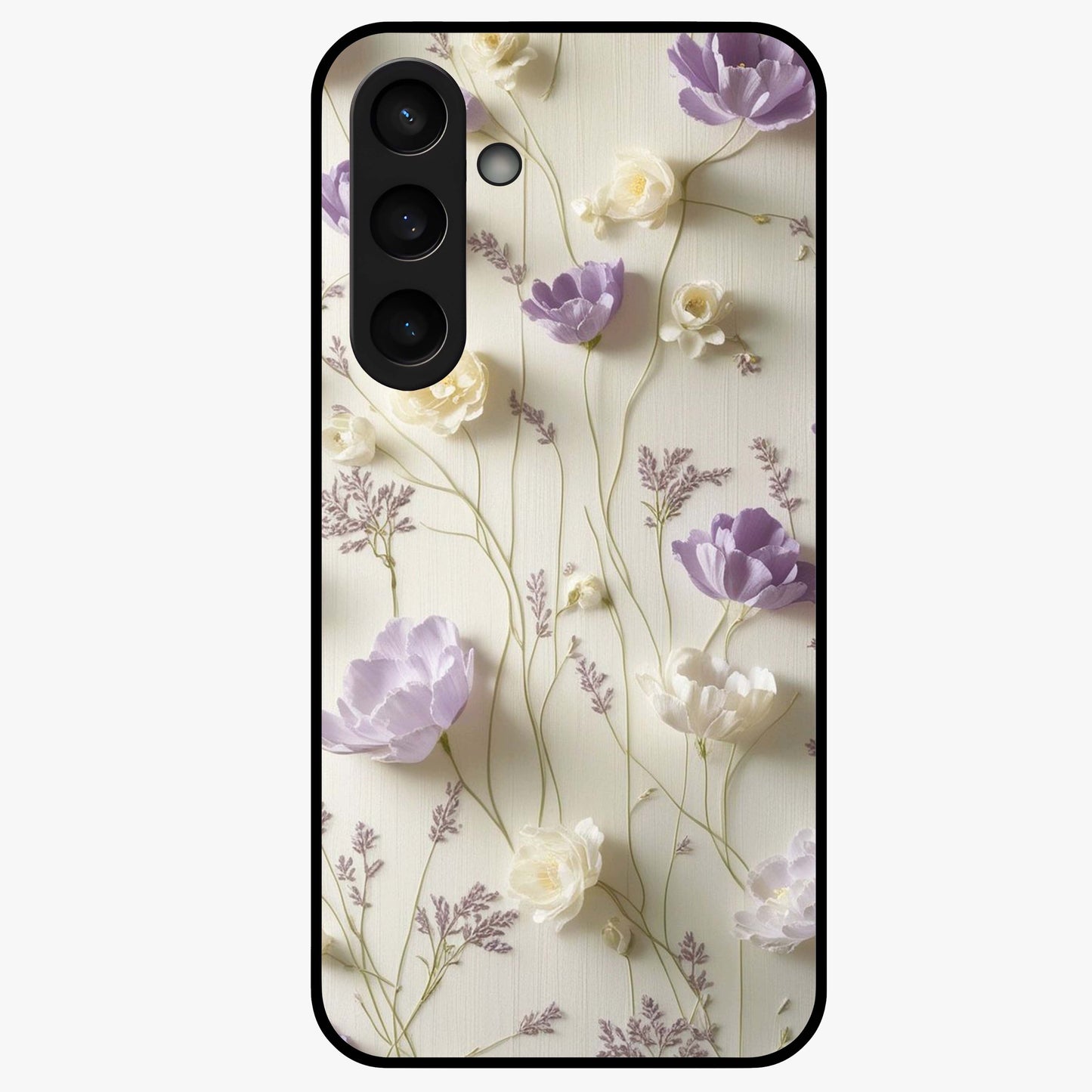 Lilac Breeze Harmony Glass Case showing flat back view with soft lilac themed artwork and glossy glass finish.