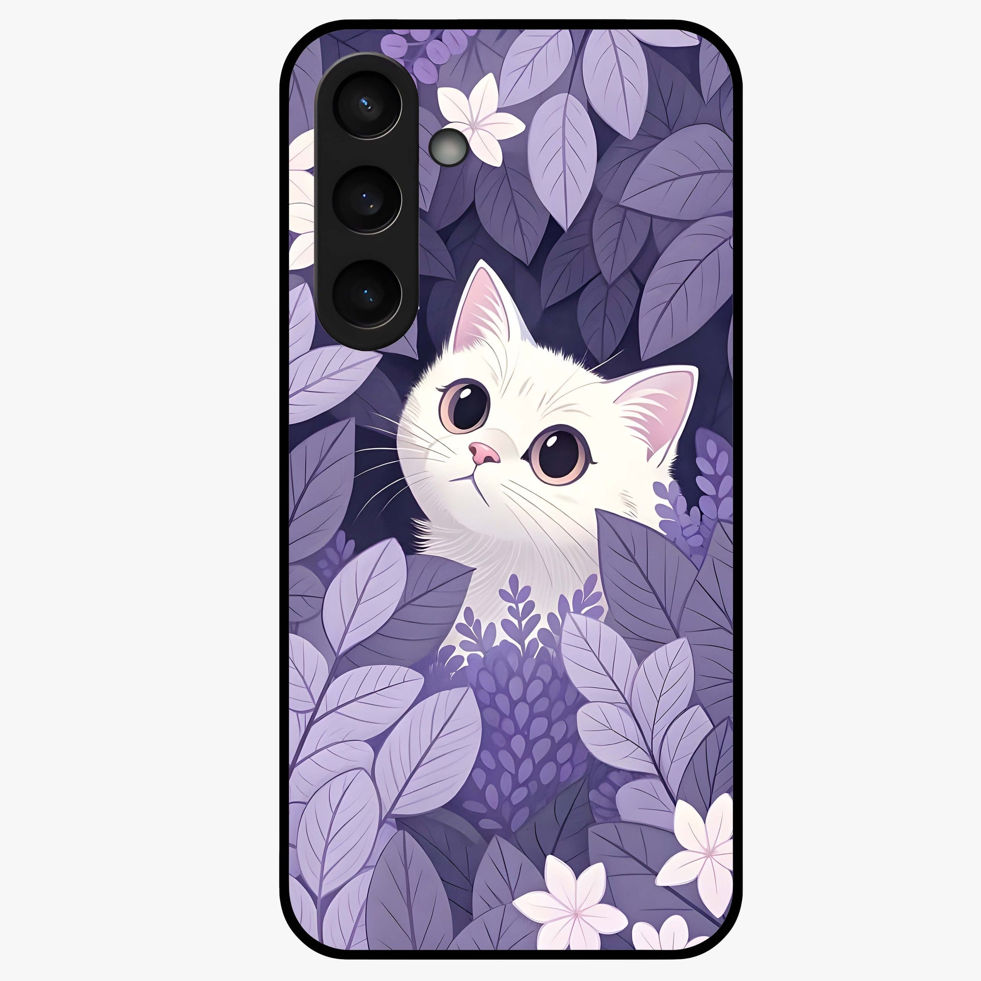 Lilac Hide Peek Cat Glass Case showing flat back view with cute peeking cat artwork and glossy glass finish.