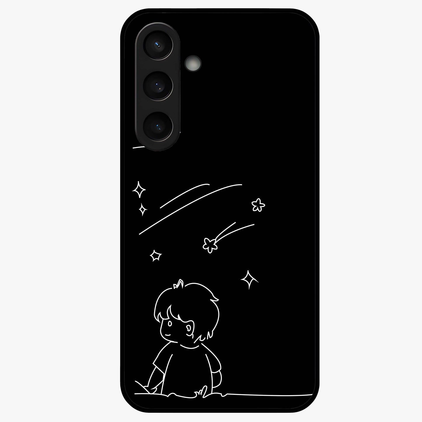 Line Art Boy With Shooting Stars Glass Case showing flat back view with minimal line art boy and shooting stars illustration and glossy glass finish.