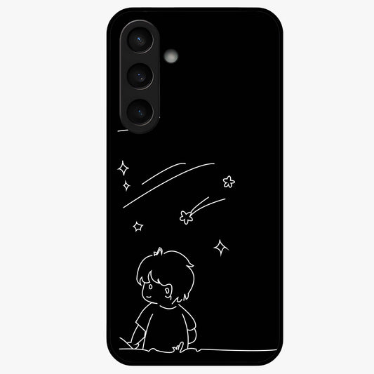 Line Art Boy With Shooting Stars Glass Case showing flat back view with minimal line art boy and shooting stars illustration and glossy glass finish.