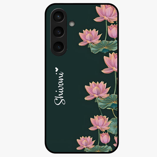 Lotus Bloom Serenity Custom Name Glass Case showing flat back view with elegant lotus flower artwork and personalized name design.