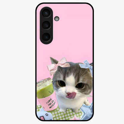 Love Matcha Cat Glass Case showing flat back view with cute cat and matcha themed artwork and glossy glass finish.