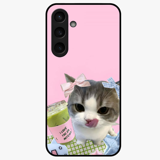 Love Matcha Cat Glass Case showing flat back view with cute cat and matcha themed artwork and glossy glass finish.
