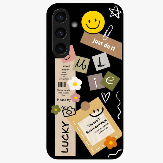 Lucky Aesthetic Collage Glass Case showing flat back view with trendy aesthetic collage artwork and glossy glass finish.