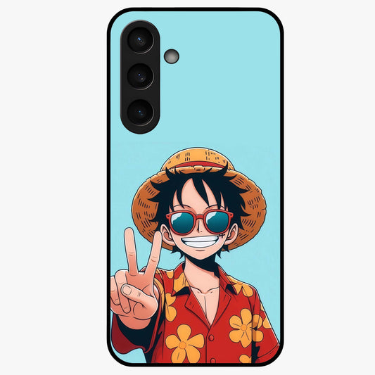 Luffy Summer Anime Vibe Glass Case showing flat back view with vibrant anime character artwork and glossy glass finish.