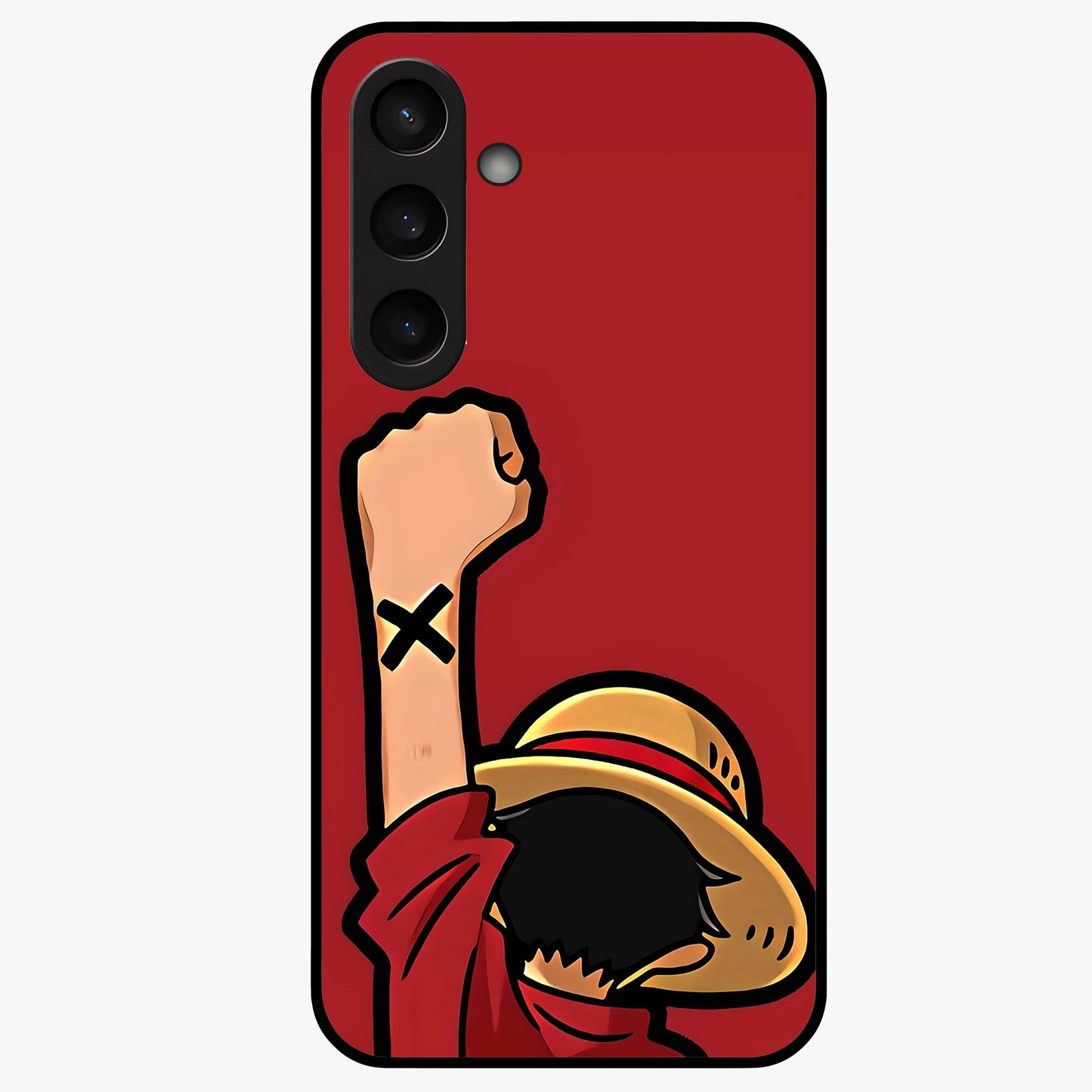 Luffy X Spirit Glass Case showing flat back view with bold anime character artwork and glossy glass finish.