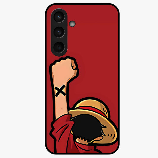 Luffy X Spirit Glass Case showing flat back view with bold anime character artwork and glossy glass finish.