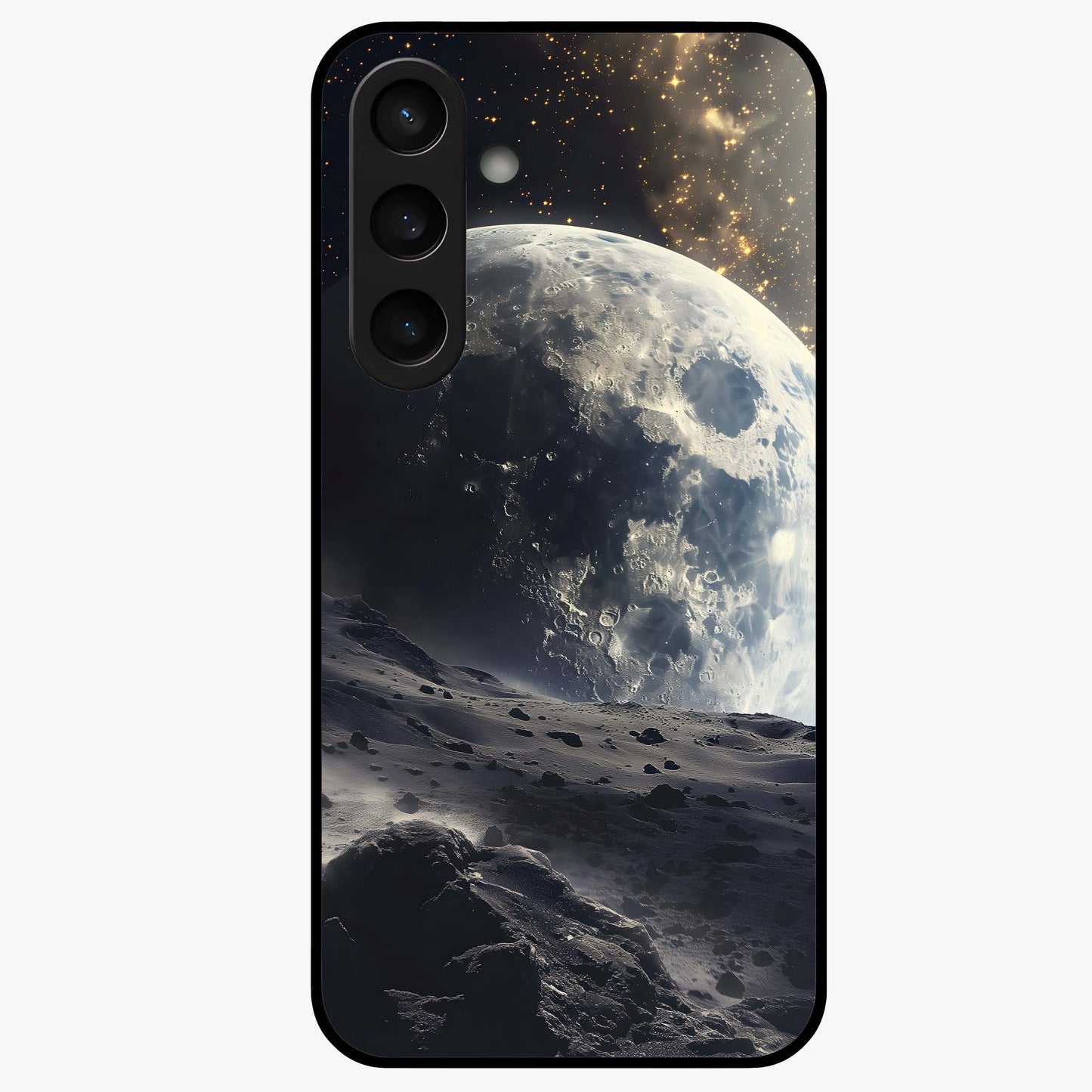 Lunar Horizon Glow Glass Case showing flat back view with glowing moon horizon artwork and glossy glass finish.