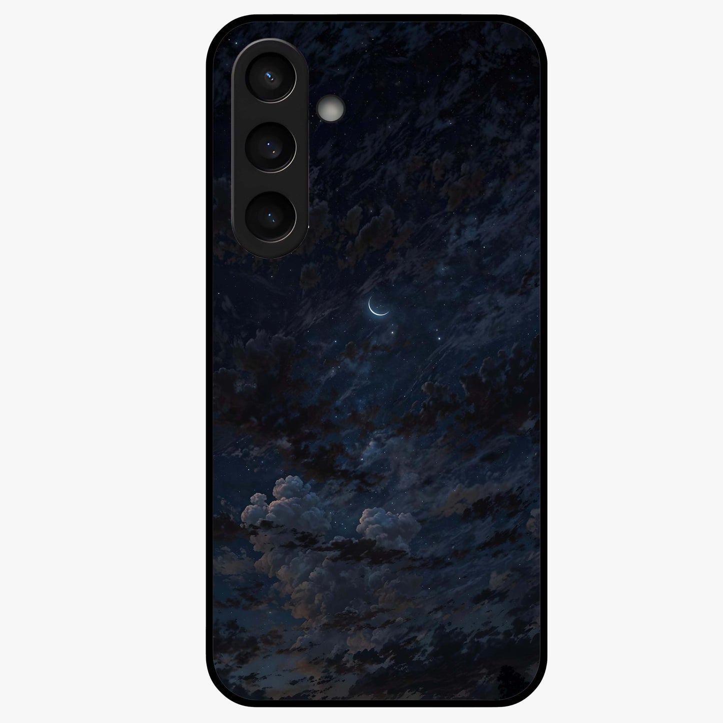 Lunar Veil Silence Glass Case showing flat back view with mystical moon veil artwork and glossy glass finish.