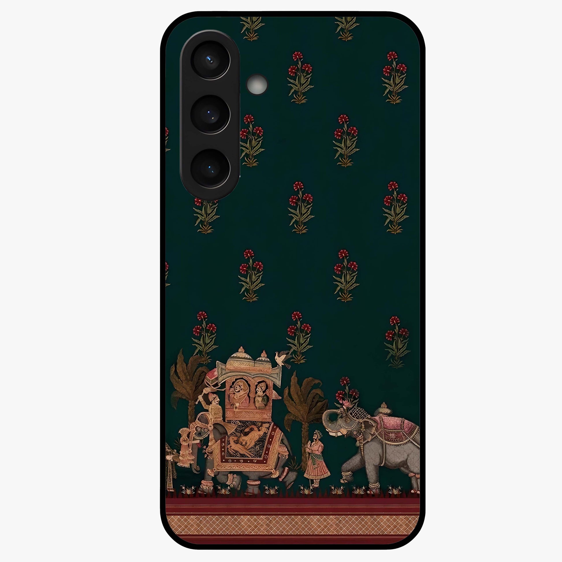 Macmerise Glass Case showing flat back view with stylish modern artwork and glossy glass finish.
