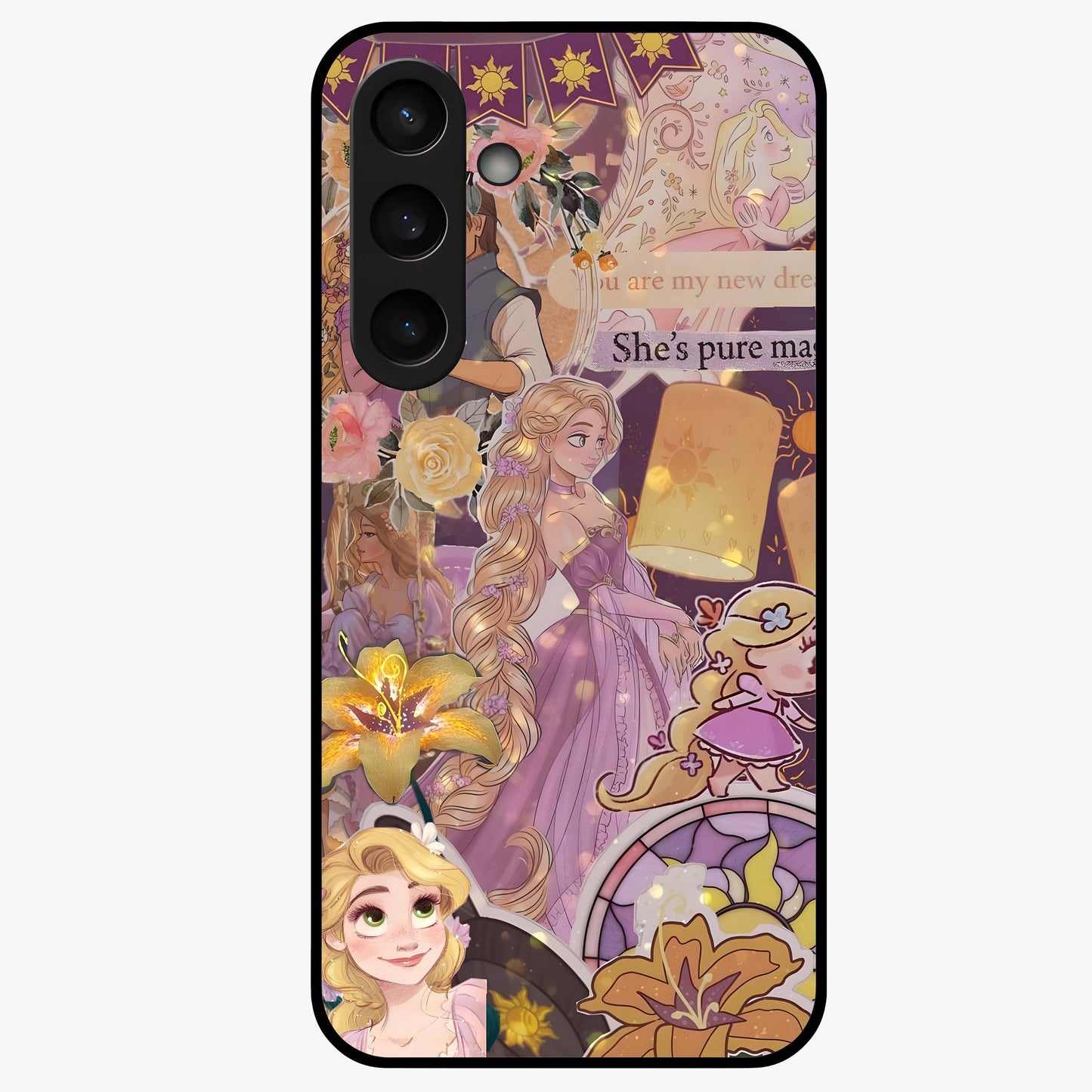 Magical Tangled Dream Glass Case showing flat back view with dreamy tangled artwork and glossy glass finish.