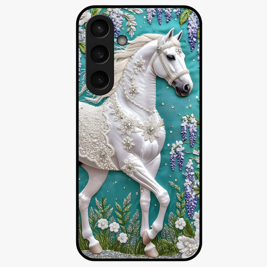 Majestic Floral Stallion Glass Case showing flat back view with powerful horse and floral artwork and glossy glass finish.