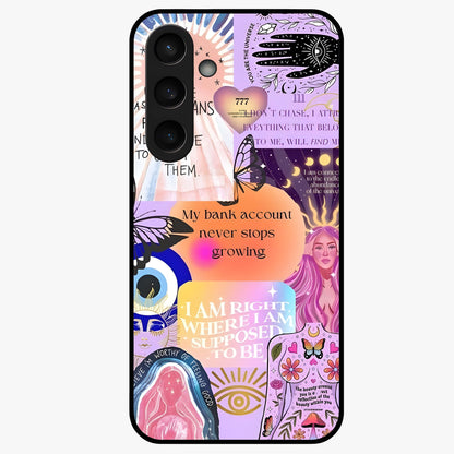 Manifestation Collage Glass Case showing flat back view with motivational collage artwork and glossy glass finish.
