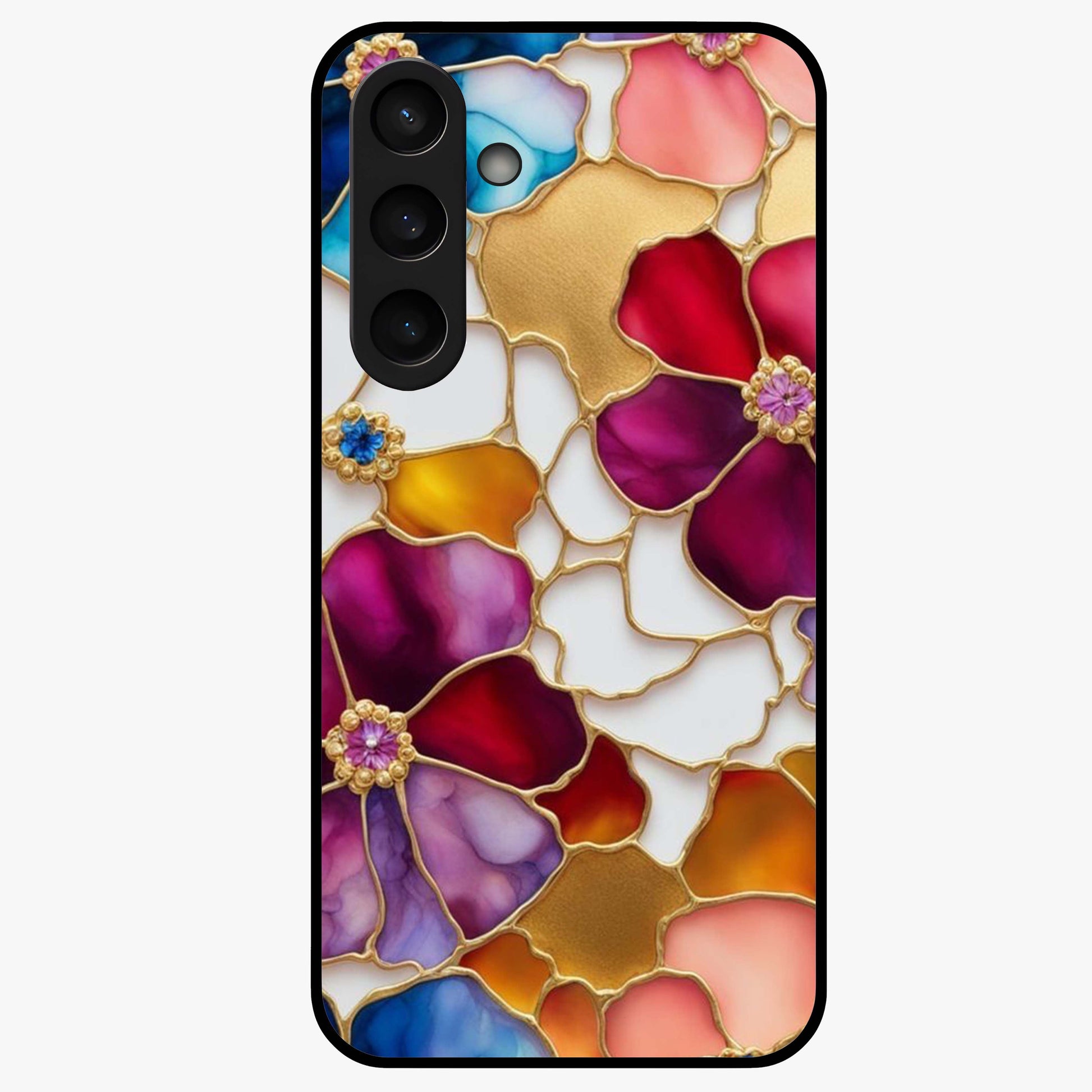 Marble Flower Pattern Glass Case showing flat back view with marble texture floral artwork and glossy glass finish.