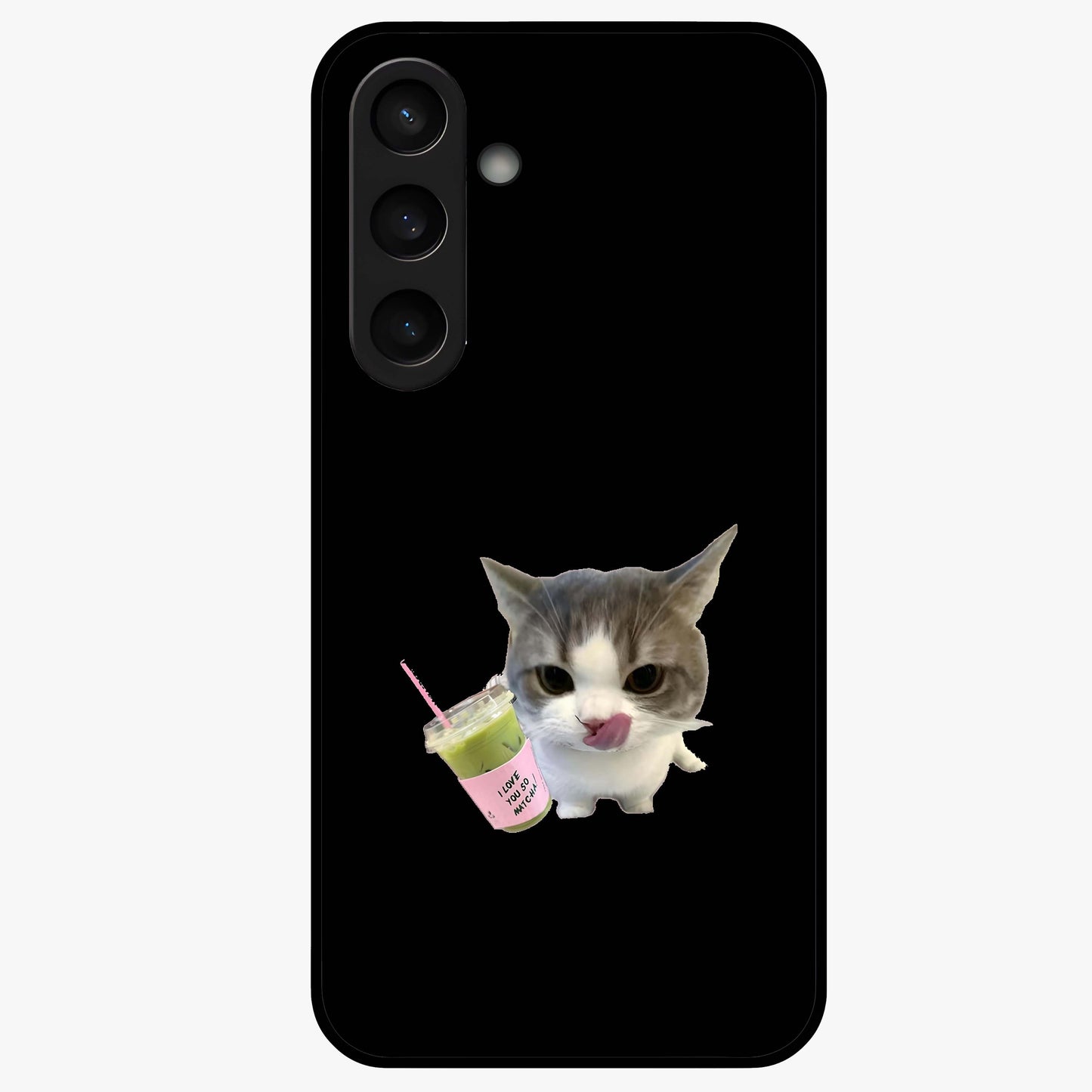 Matcha Cat Style Glass Case showing flat back view with cute matcha themed cat artwork and glossy glass finish.