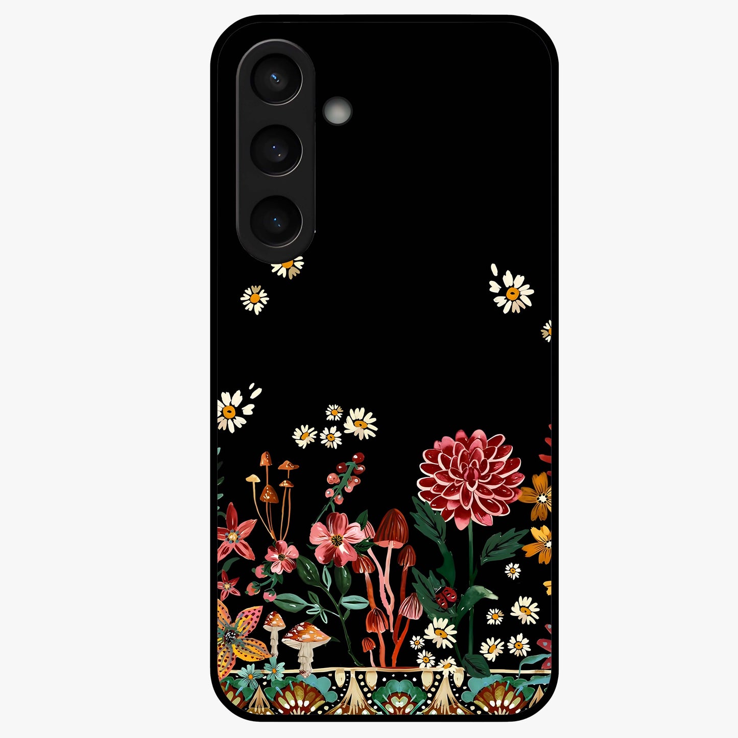 Midnight Bloom Pattern Glass Case showing flat back view with dark floral pattern artwork and glossy glass finish.