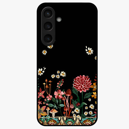 Midnight Bloom Pattern Glass Case showing flat back view with dark floral pattern artwork and glossy glass finish.