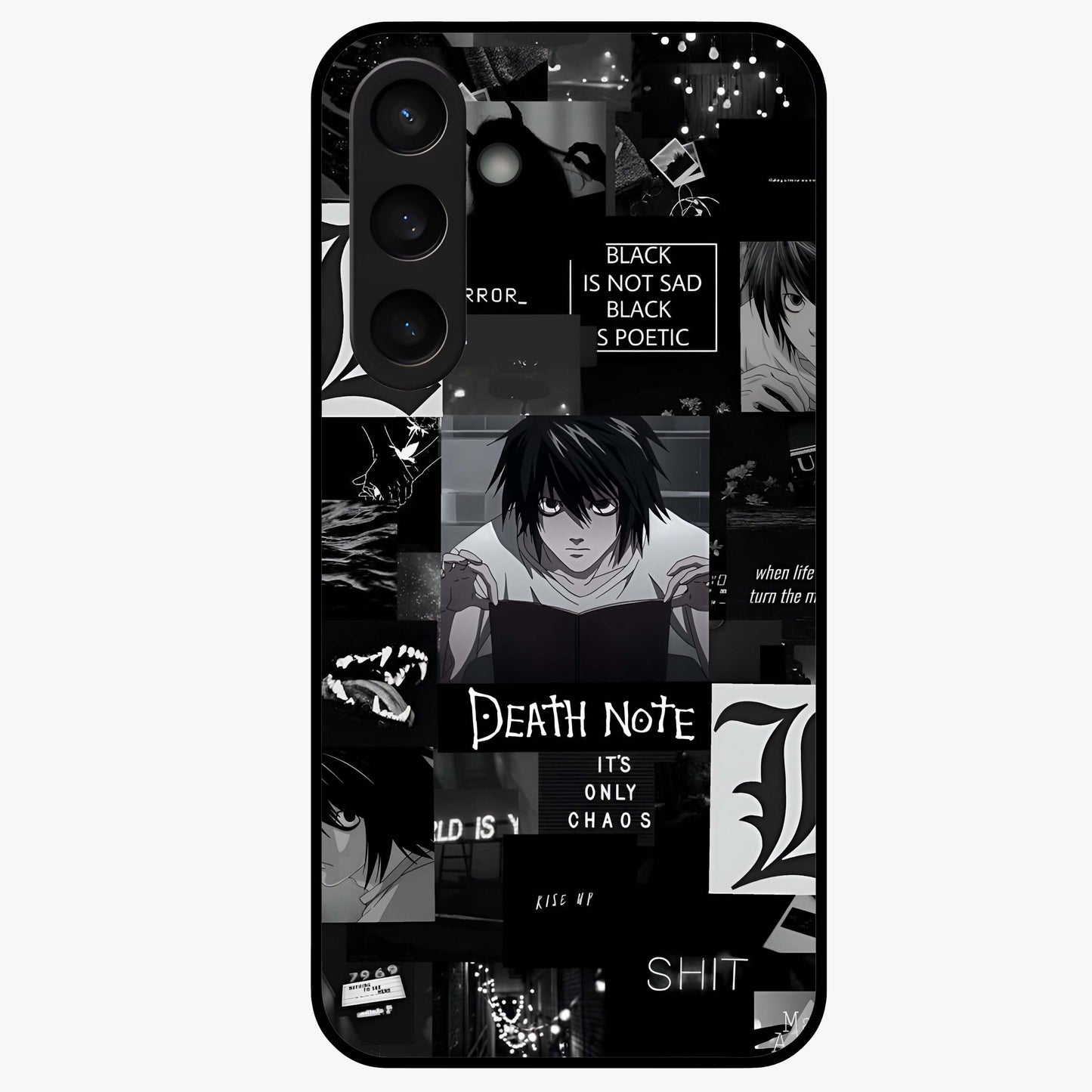 Midnight Chaos Mind Glass Case showing flat back view with abstract dark themed artwork and glossy glass finish.