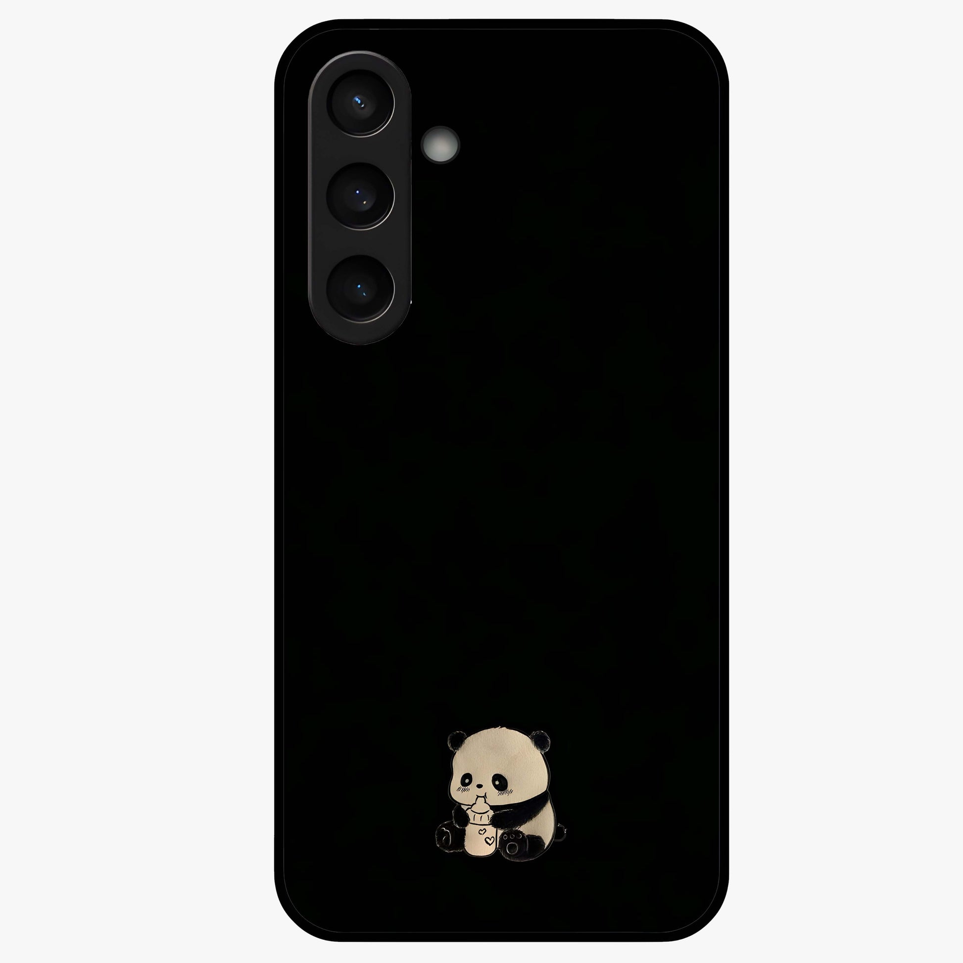 Midnight Panda Love Glass Case showing flat back view with cute panda themed artwork and glossy glass finish.