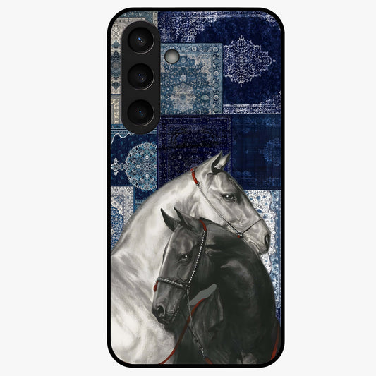 Midnight Stallion Blues Glass Case showing flat back view with majestic horse artwork and glossy glass finish.
