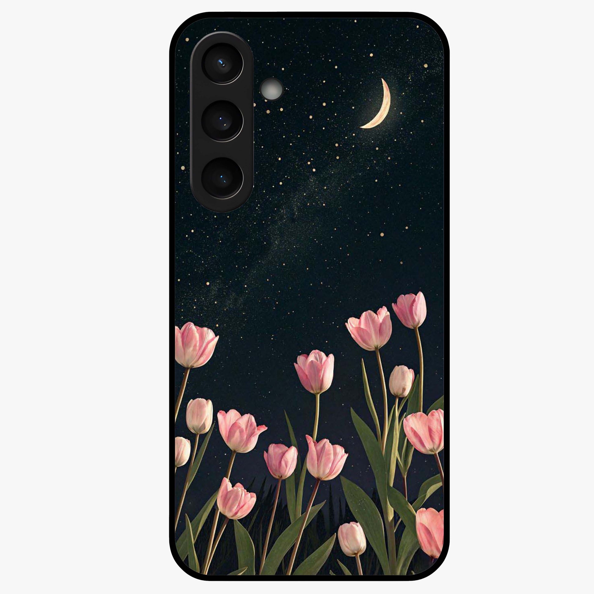 Midnight Tulip Whispers Vibe Glass Case showing flat back view with elegant tulip flower artwork and glossy glass finish.