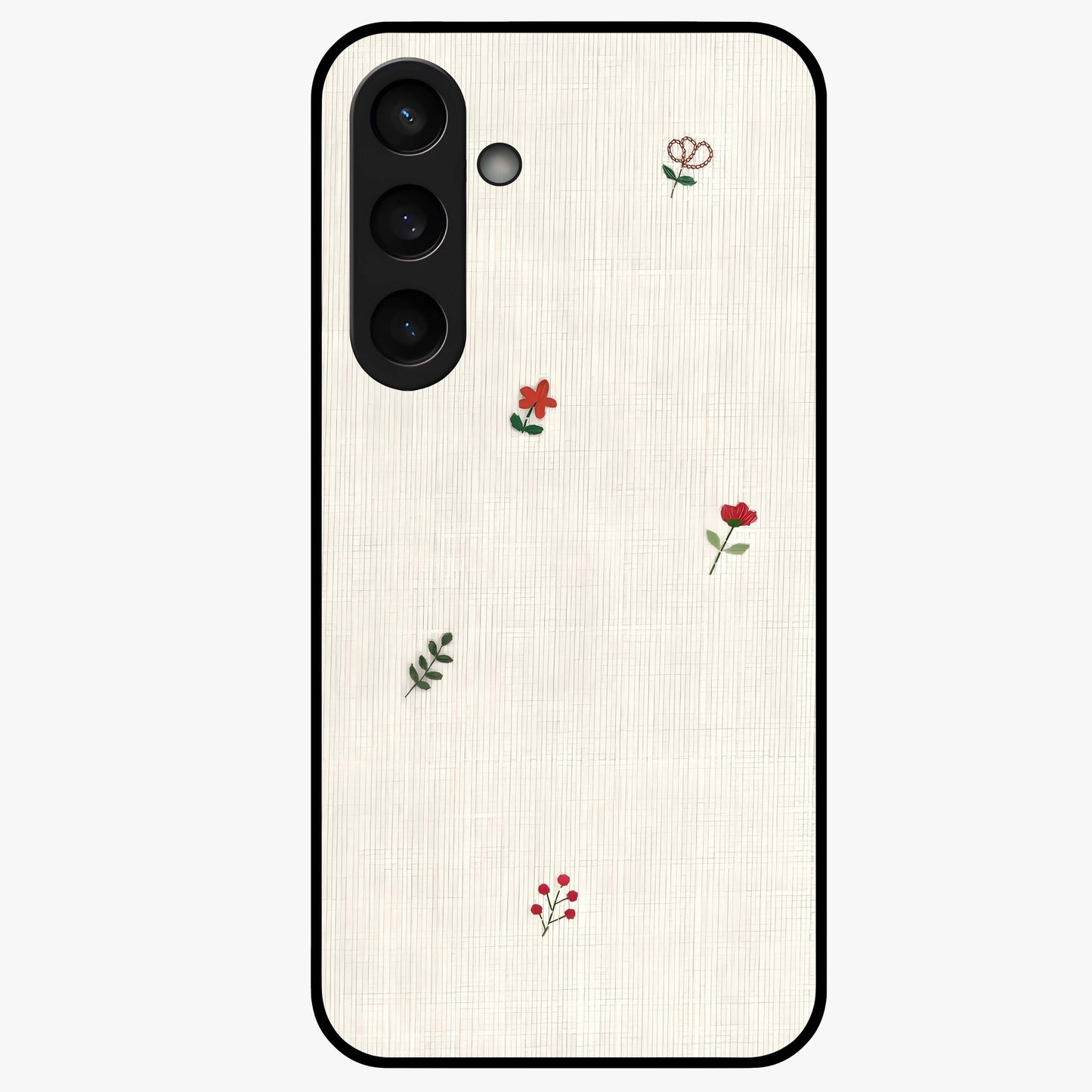 Minimal Petal Whispers Glass Case showing flat back view with soft minimal floral artwork and glossy glass finish.