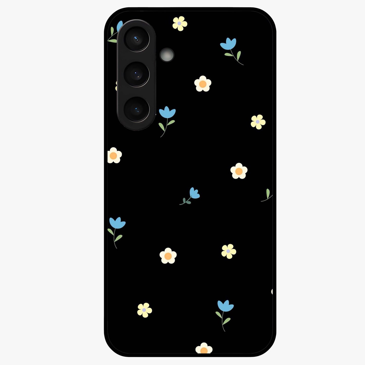 Minimalistic Blue With White Flower Pattern Glass Case showing flat back view with blue background and white flower pattern and glossy glass finish.