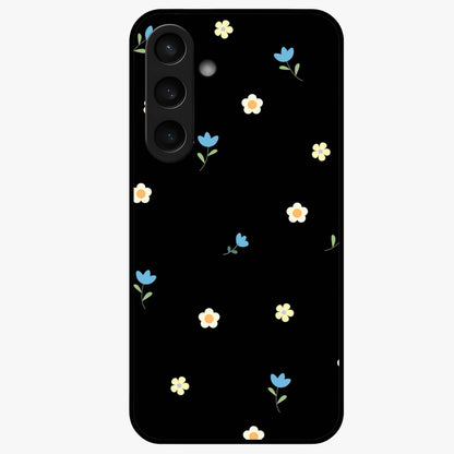 Minimalistic Blue With White Flower Pattern Glass Case showing flat back view with blue background and white flower pattern and glossy glass finish.