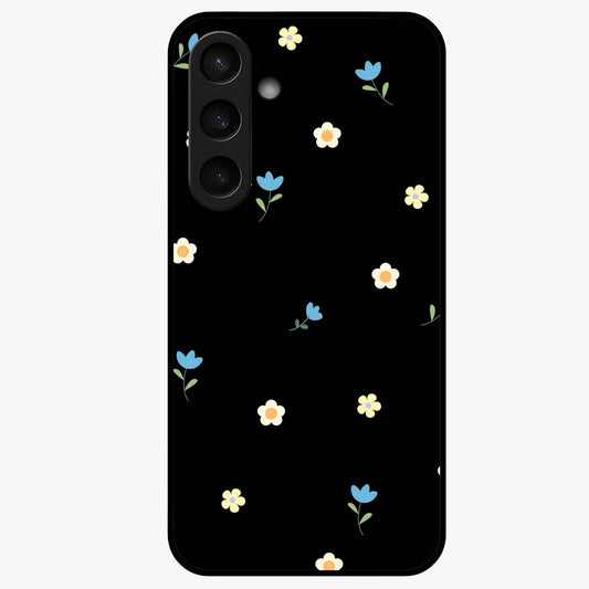 Minimalistic Blue With White Flower Pattern Glass Case showing flat back view with blue background and white flower pattern and glossy glass finish.
