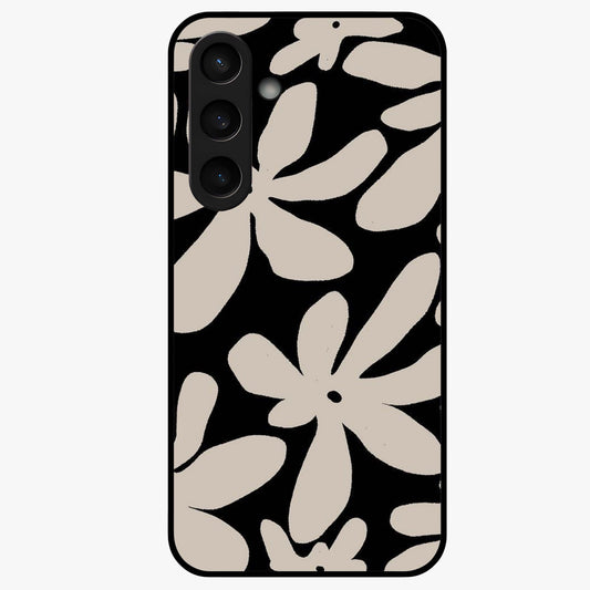 Monochrome Petal Dance Glass Case showing flat back view with monochrome floral artwork and glossy glass finish.