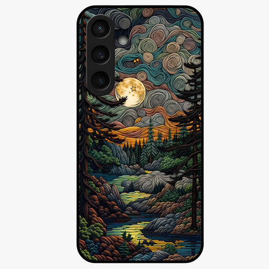 Moonlight Forest Dream Glass Case showing flat back view with mystical forest moonlight artwork and glossy glass finish.
