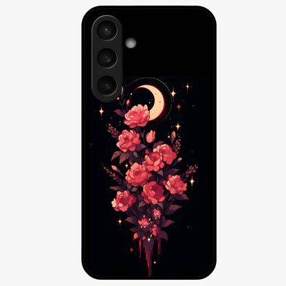 Moonlit Floral Elegance Glass Case showing flat back view with elegant floral artwork under moonlit tones and glossy glass finish.