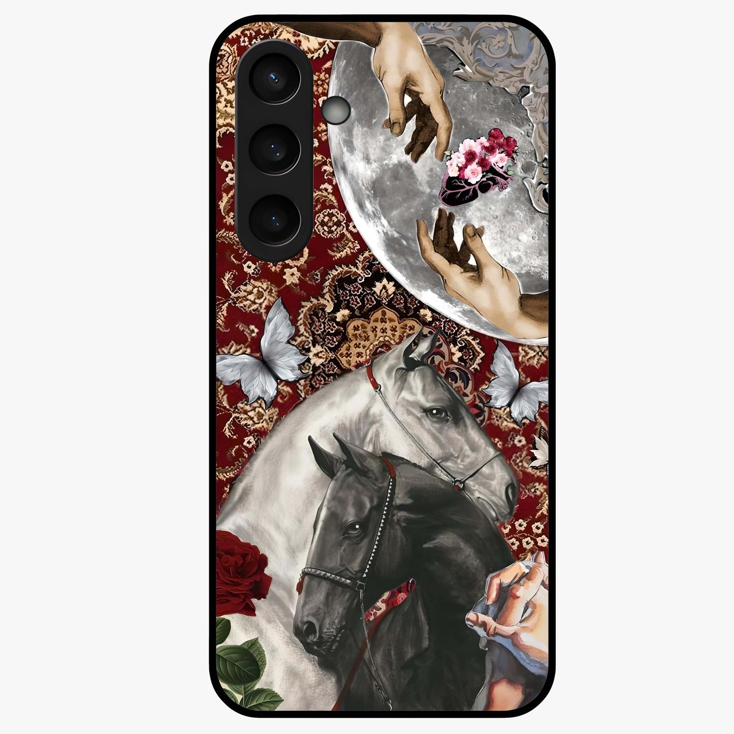 Moonlit Royal Stallion Glass Case showing flat back view with majestic horse under moonlight artwork and glossy glass finish.
