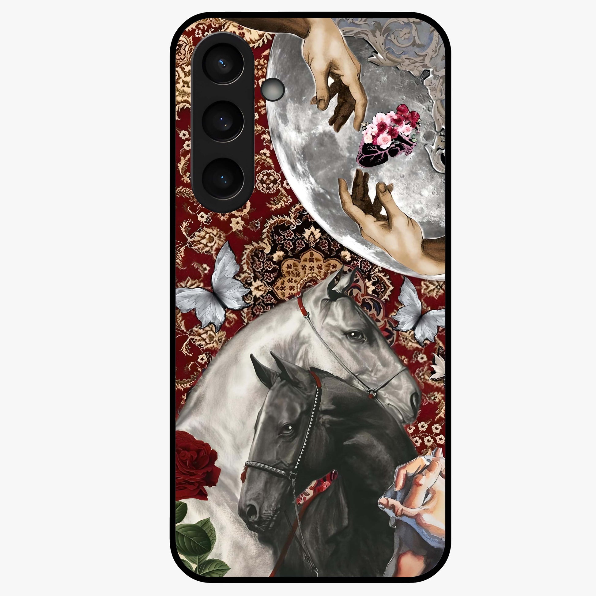 Moonlit Royal Stallion Glass Case showing flat back view with majestic horse under moonlight artwork and glossy glass finish.