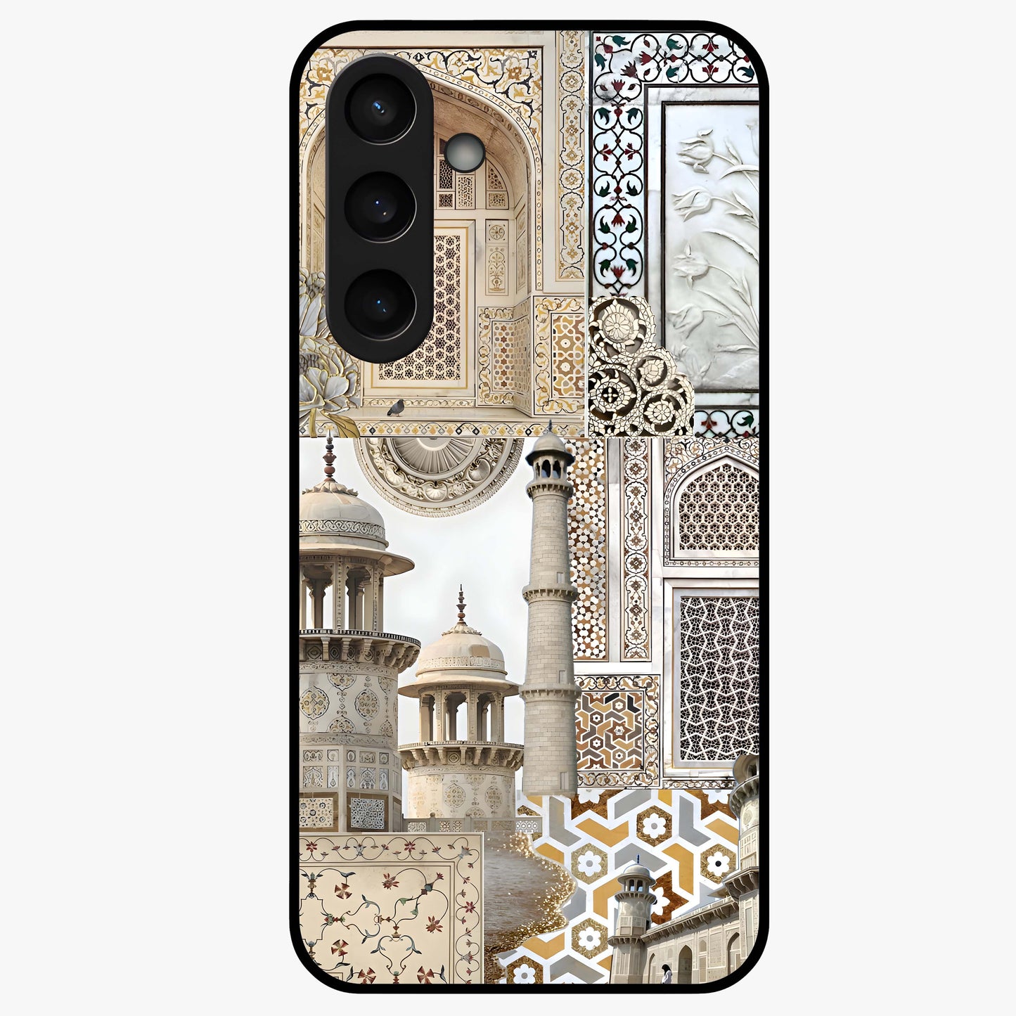 Mughal Marble Legacy Glass Case showing flat back view with intricate Mughal inspired marble pattern and glossy glass finish.