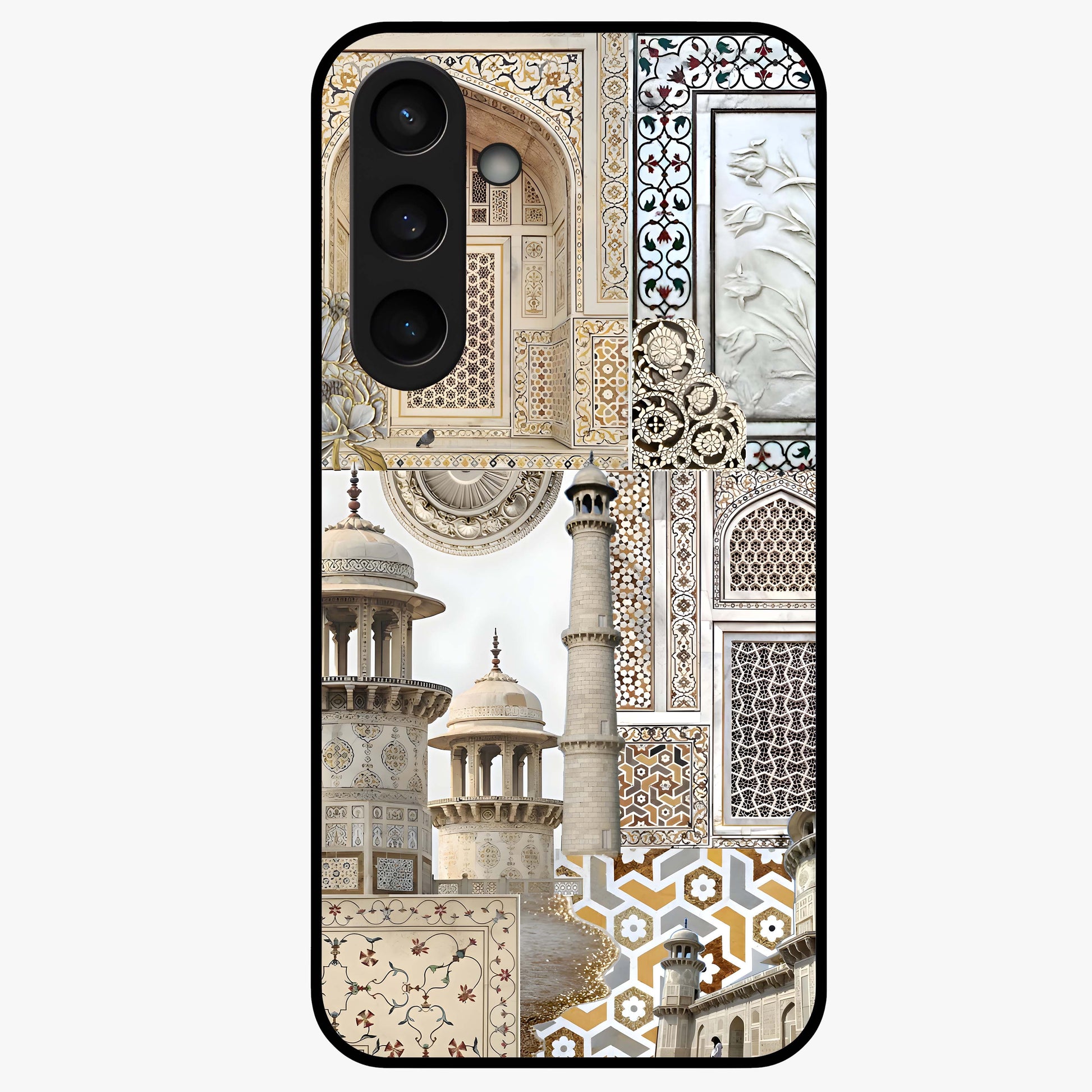 Mughal Marble Legacy Glass Case showing flat back view with intricate Mughal inspired marble pattern and glossy glass finish.