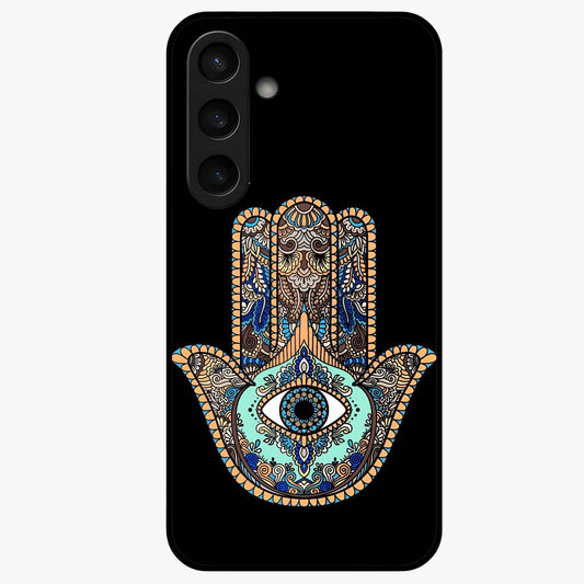 Mystic Hamsa Eye Glass Case showing flat back view with protective hamsa hand and evil eye artwork and glossy glass finish.