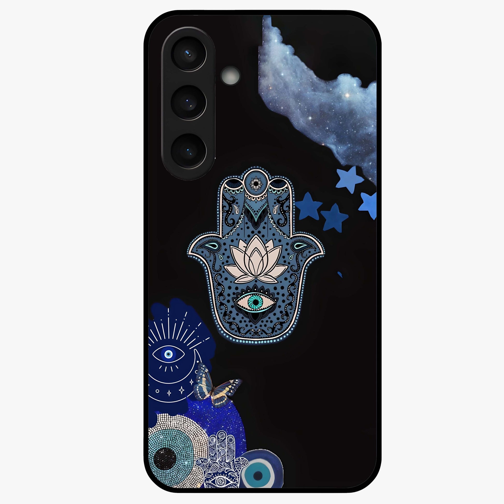 Mystic Hand Aura Glass Case showing flat back view with mystical hand symbol artwork and glossy glass finish.