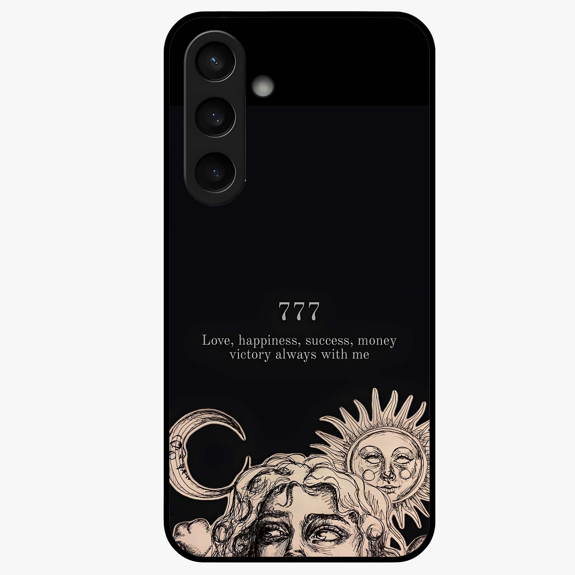 Mystic Victory Aura Glass Case showing flat back view with victory symbol artwork and glossy glass finish.