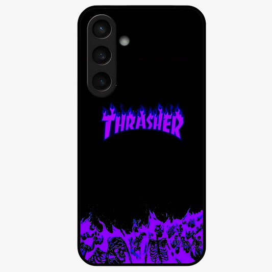 Neon Flame Riot Glass Case showing flat back view with neon flame artwork and glossy glass finish.