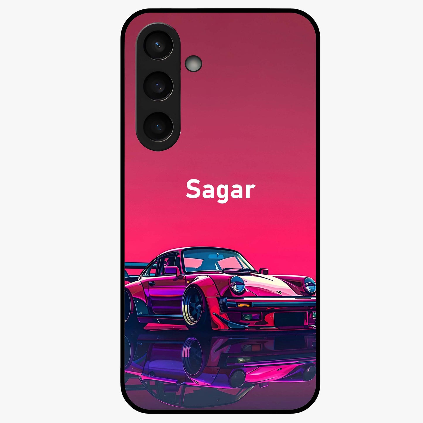 Neon Pink Porsche Glass Case showing flat back view with stylish sports car artwork and glossy glass finish.