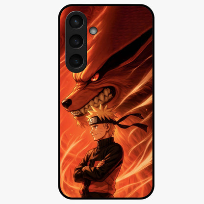 Nine Tails Legacy Glass Case showing flat back view with powerful nine-tailed fox inspired artwork and glossy glass finish.