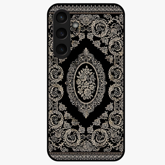 Noir Bloom Elegance Glass Case showing flat back view with elegant dark floral artwork and glossy glass finish.