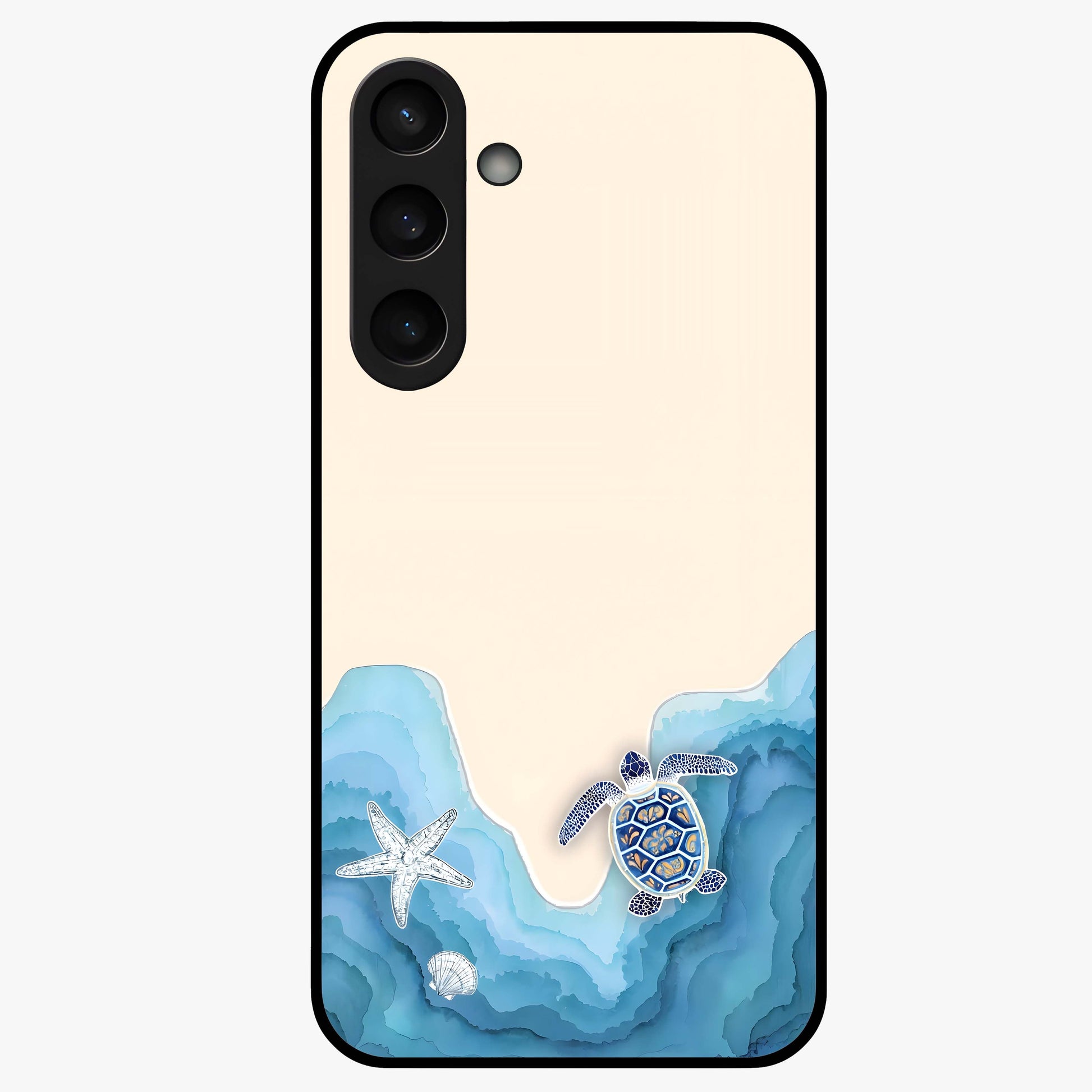 Ocean Drift Turtle Glass Case showing flat back view with sea turtle artwork and glossy glass finish.