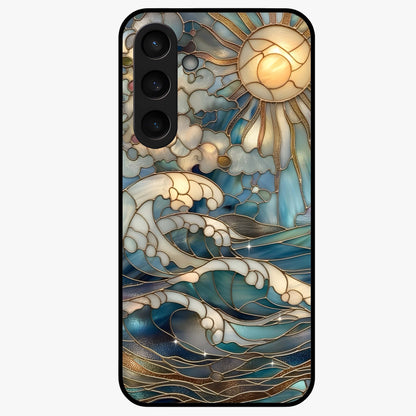 Oceanic Stained Printed Glass Case showing flat back view with ocean inspired stained pattern artwork and glossy glass finish.
