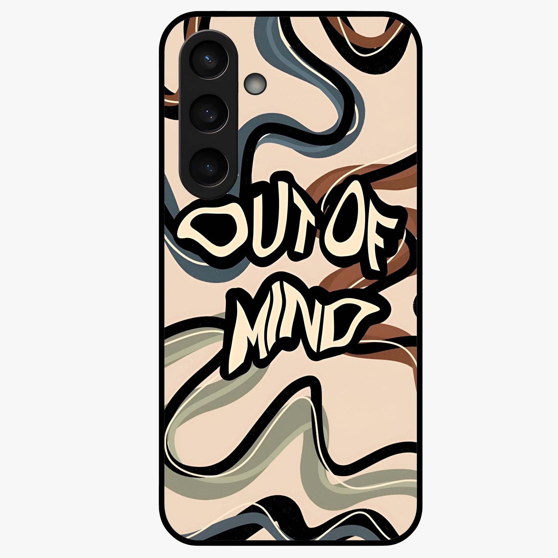 Out Of Mind Glass Case showing flat back view with expressive typography artwork and glossy glass finish.