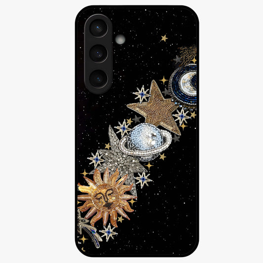 Pearls Universe Object Glass Case showing flat back view with pearl inspired cosmic artwork and glossy glass finish.