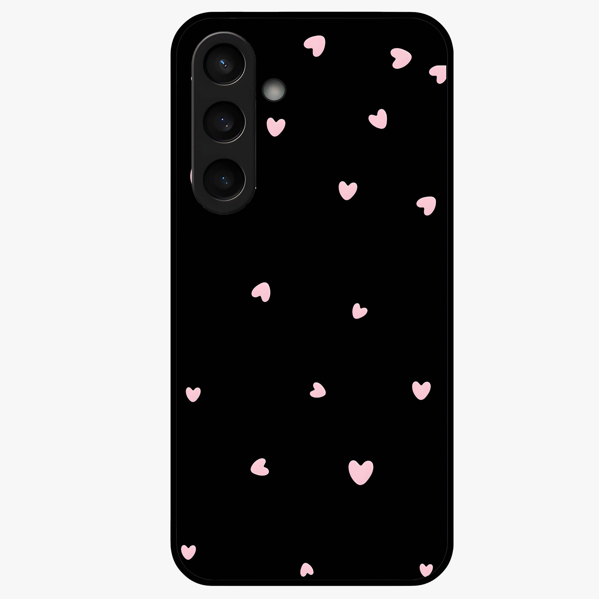 Pink Love Drops Glass Case showing flat back view with playful pink heart drops artwork and glossy glass finish.