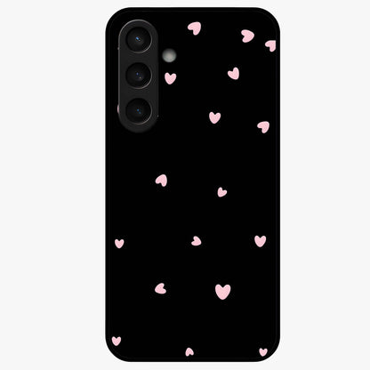 Pink Love Drops Glass Case showing flat back view with playful pink heart drops artwork and glossy glass finish.